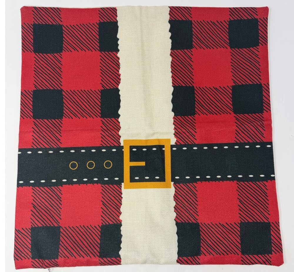 Santa Suit Decorative Burlap Pillow Cover Red Buffalo Plaid Black Yellow Buckle